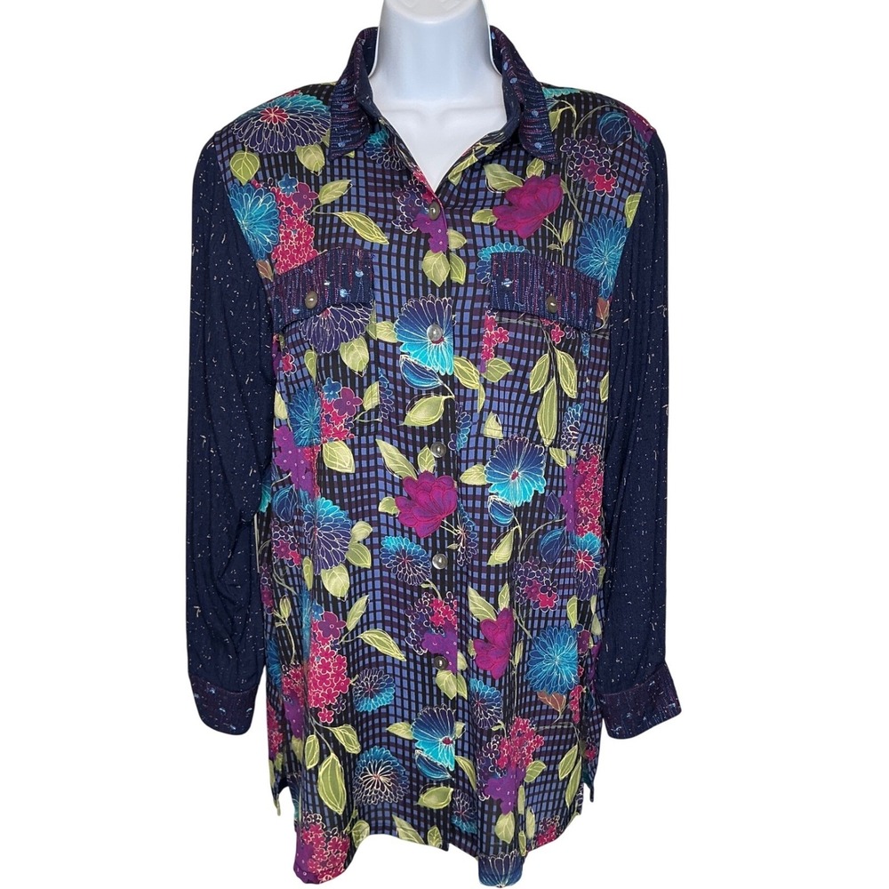 KOOS OF COURSE Womens Floral Beaded Long Sleeve Shirt Sz S Sequins Art To Wear